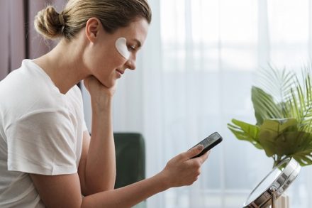 femme regardant son smartphone en faisant un soin de yeux