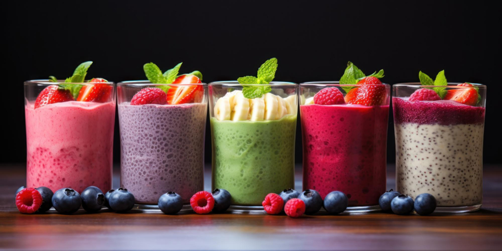 smoothies protéinés, smoothies sportifs côte à côte, parsemés de fruits