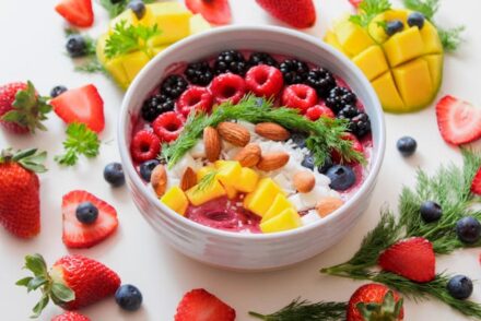 collation sportive de type bowl avec fruits et amandes