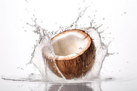noix de coco coupée en deux et éclaboussant un support